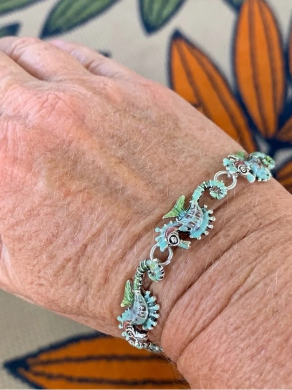 Seahorse Link Bracelet in Aqua, Green and Coral